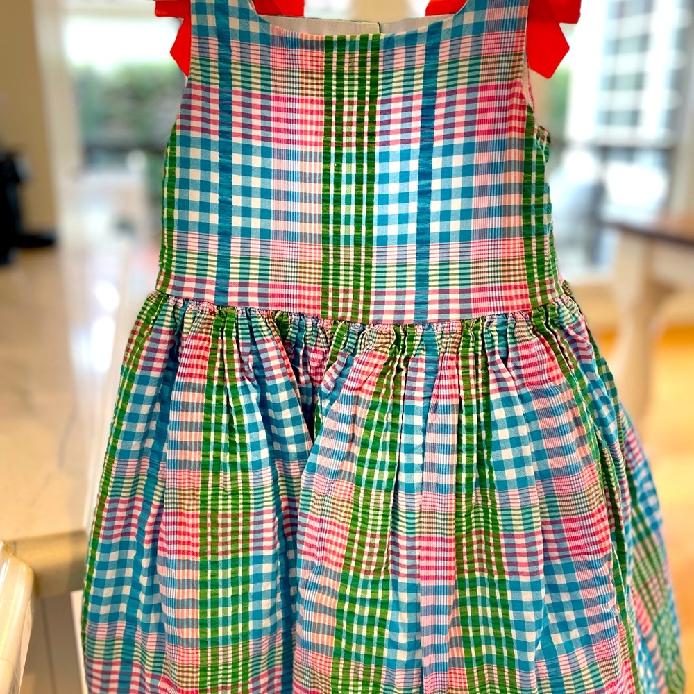 Janie And Jack Adorable Plaid Summer Dress With Large Coral Bows